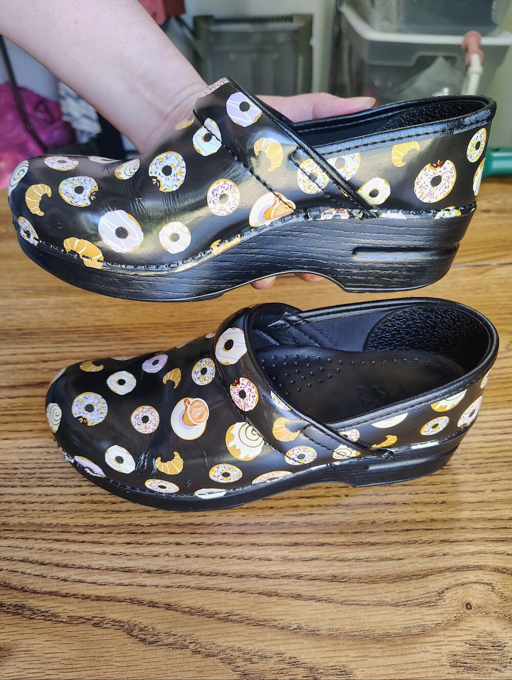 Dansko Shoes Mules Slip On Donut Coffee Print Leather Black Women's sz 37.